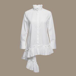 Madonna &Co., White Ruffled Asymmetrical Button-Up Blouse - OS